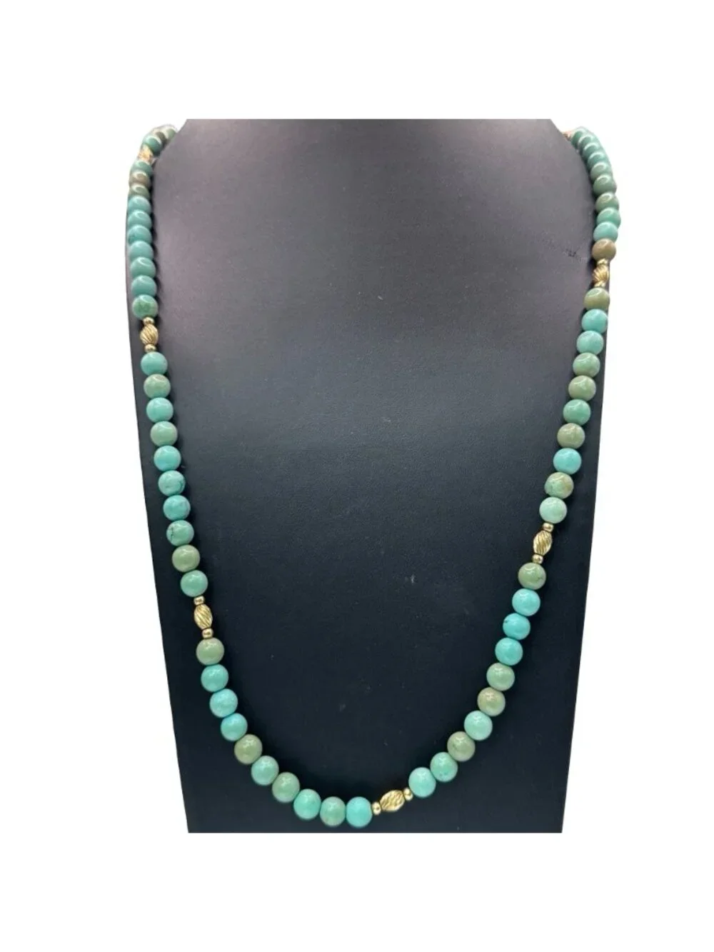 Amazonite Beaded Necklace Turquoise Color Beaded 14k Gold Accents & Clasp 30" - Picture 2 of 9